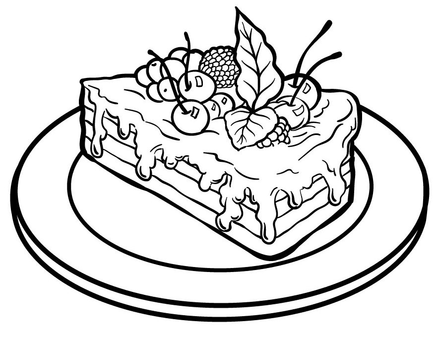 Stück Kuchen mit Kirschen, Himbeeren, Heidelbeeren Malseite