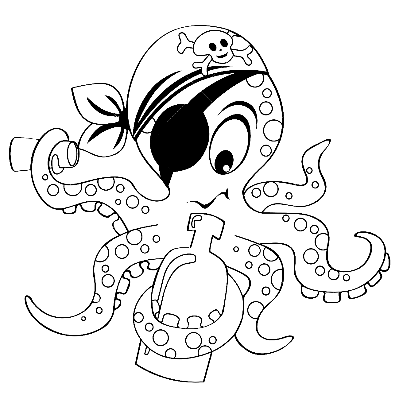 Раскраска Пиратский осьминог с бутылкой