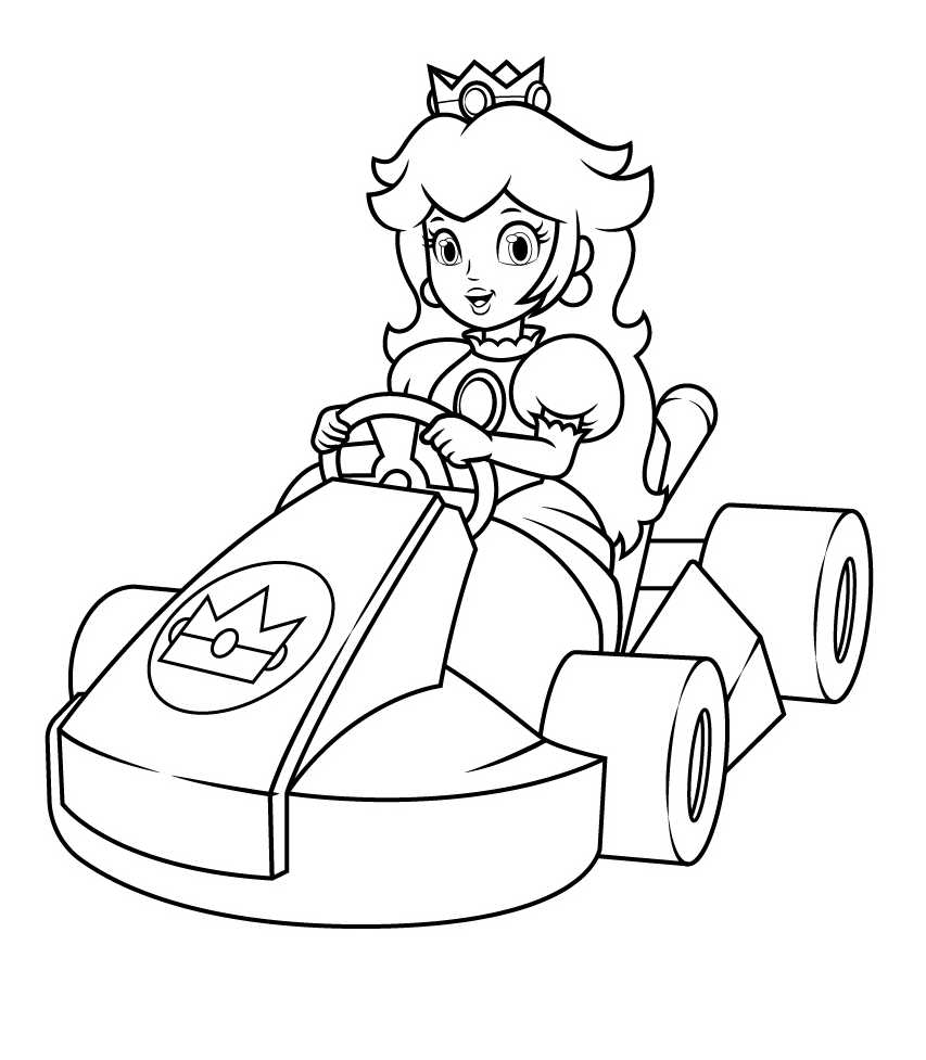 Desenho de Princesa Peach dirigindo um carro para colorir