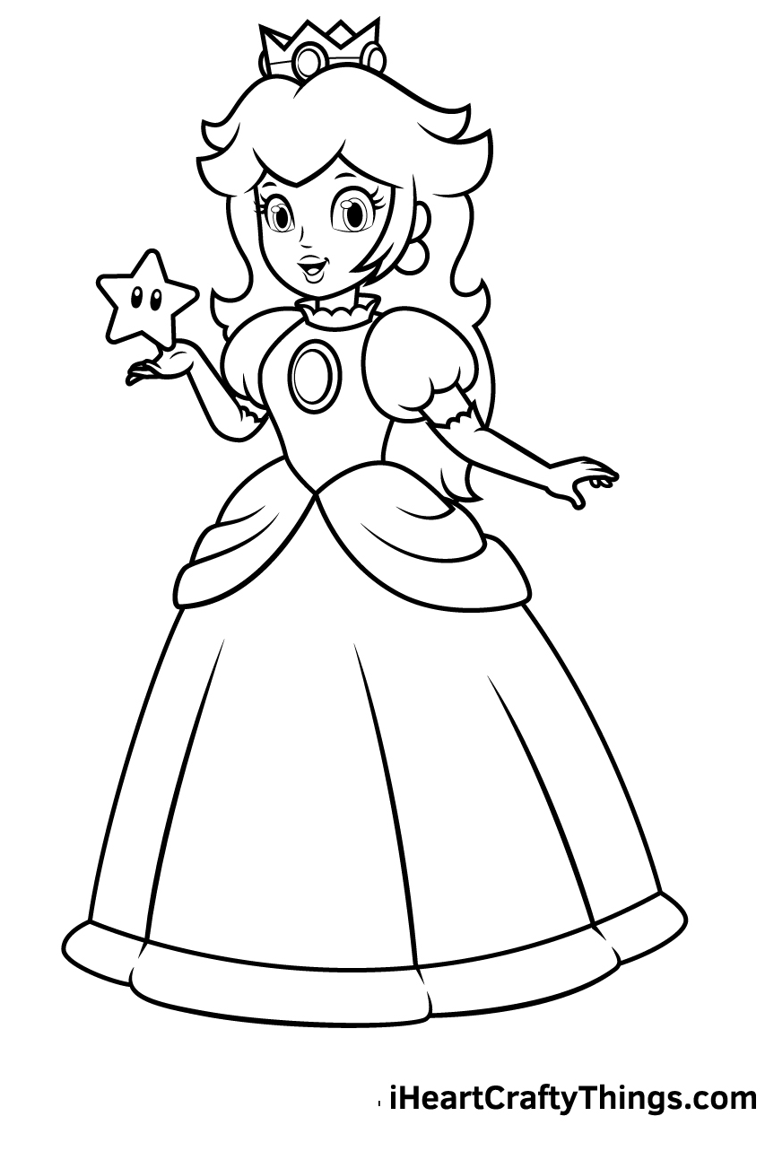 Desenho de Princesa Peach segurando uma estrela para colorir
