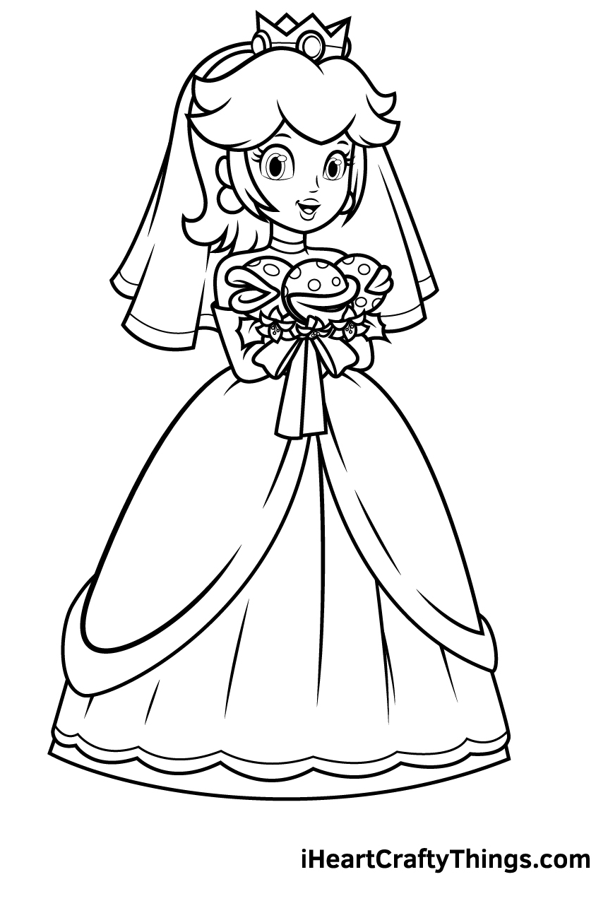 الأميرة الخوخ في صفحة تلوين فستان الزفاف