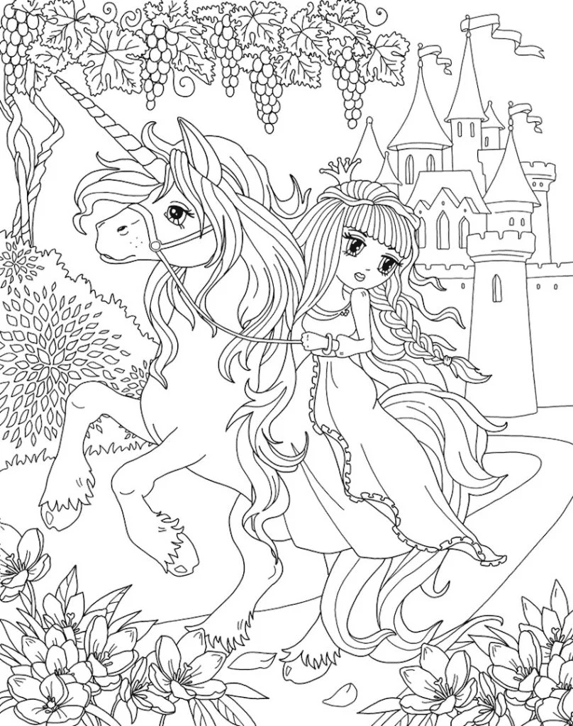 Principessa che cavalca l'unicorno con la pagina da colorare del castello