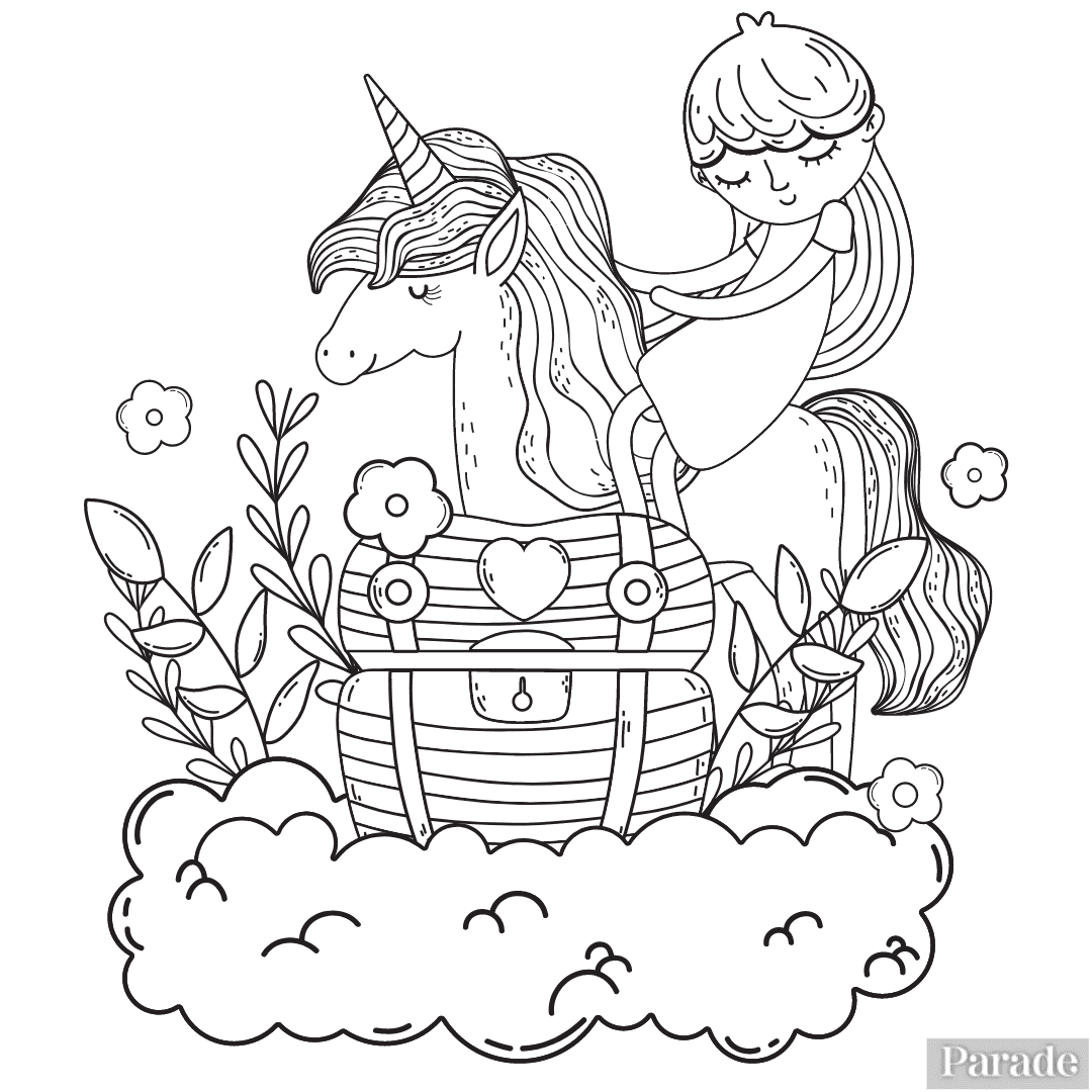 Princess, Unicorn, and Treasure Chest Coloring Page