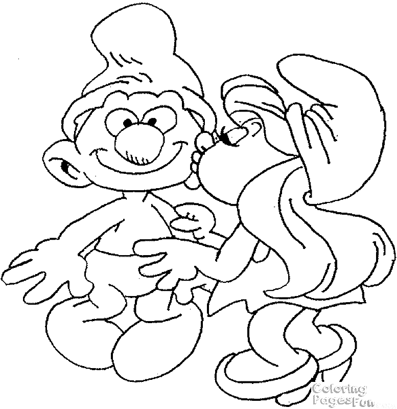 Sassette Smurfette is kissing a Smurf Coloring Pages