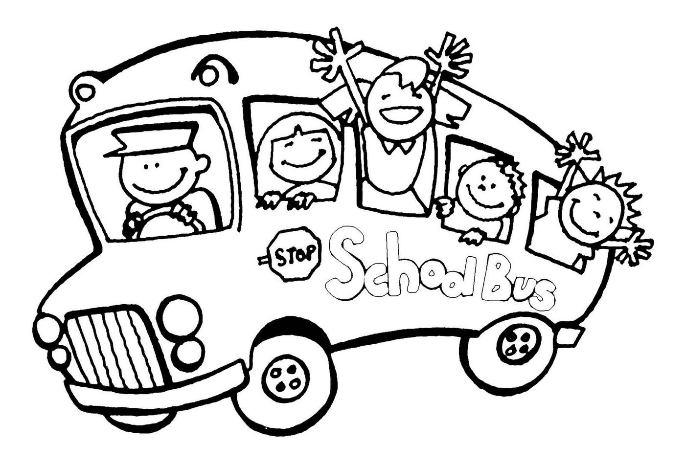 School Bus Happy Students Coloring Page
