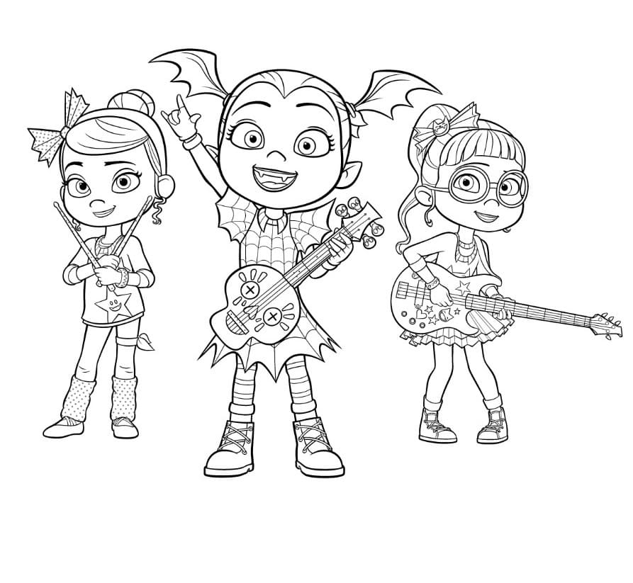 Página para colorir de banda de rock de meninas da escola