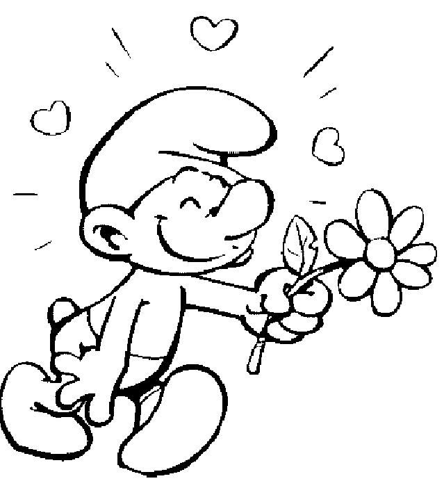 Smurf in Love is Bringing a Flower Coloring Page