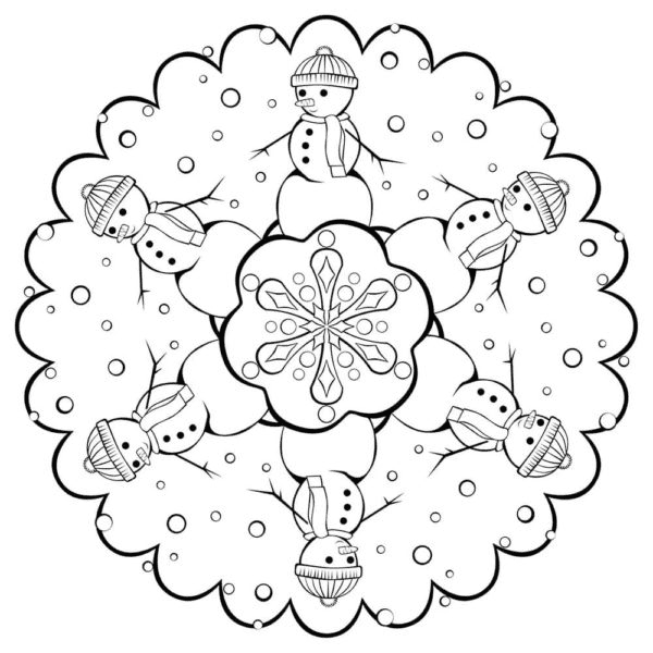 Snowmen in a Snowflake Coloring Page