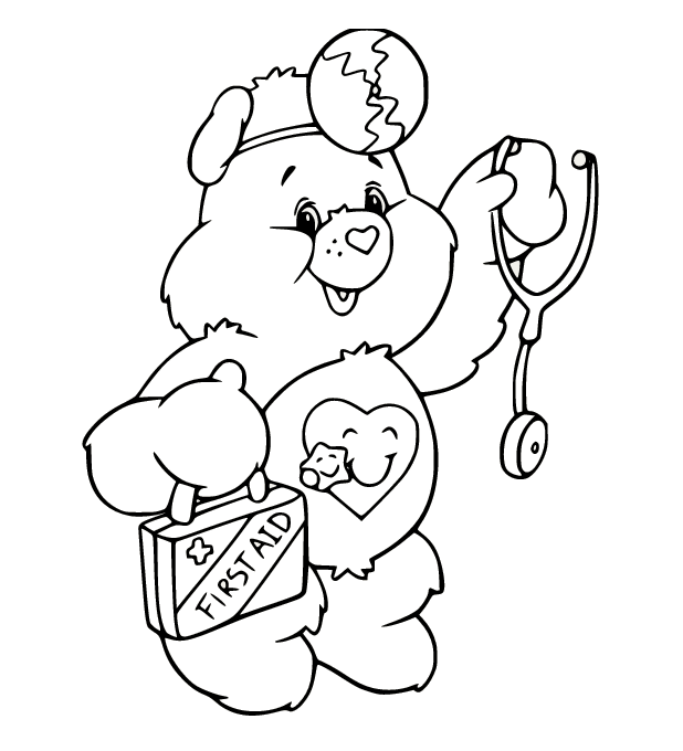 Página para colorear de Take Care Bear sostiene un estetoscopio