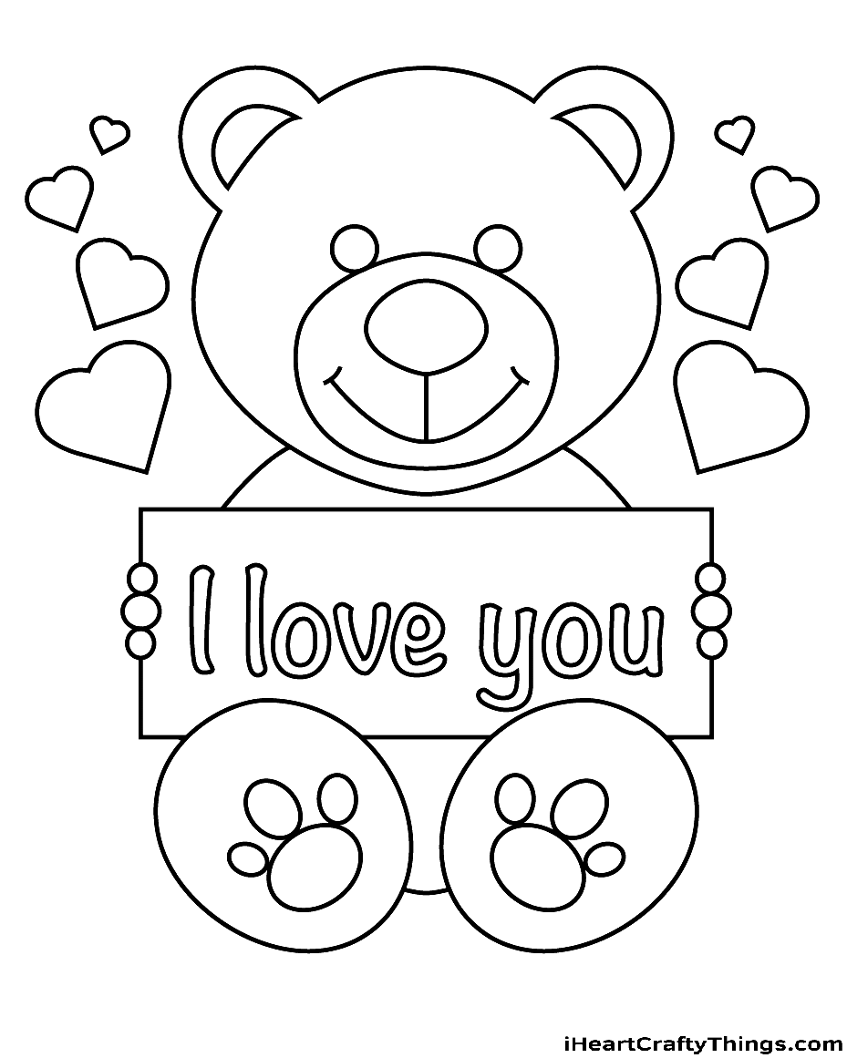Coloriage Ours en peluche avec une bannière "Je t'aime"