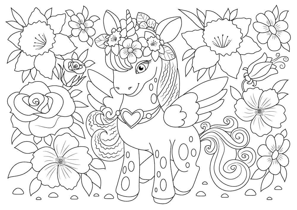 Pagina da colorare di unicorno tra fiori e piante