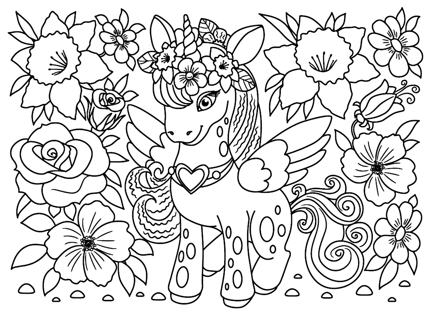 Unicorn Among Flowers And Plants Coloring Page