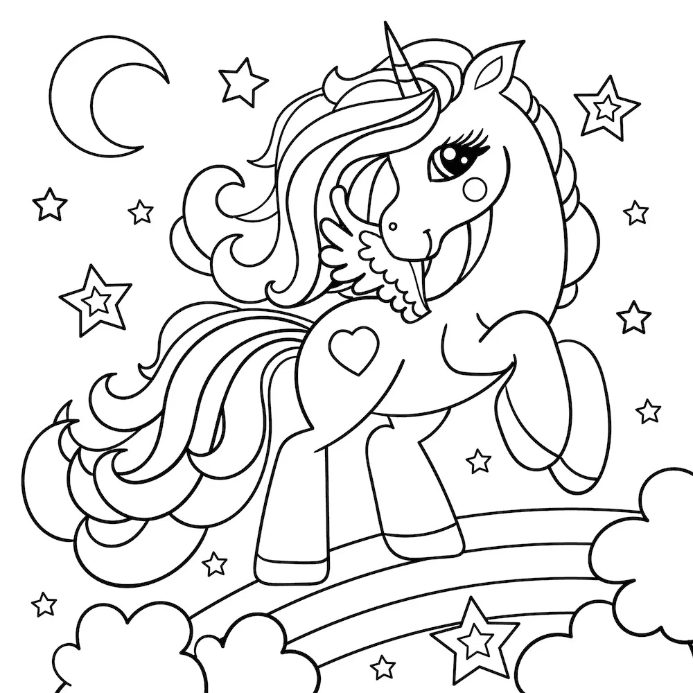 Unicorn Flying on Top of Rainbow Coloring Page