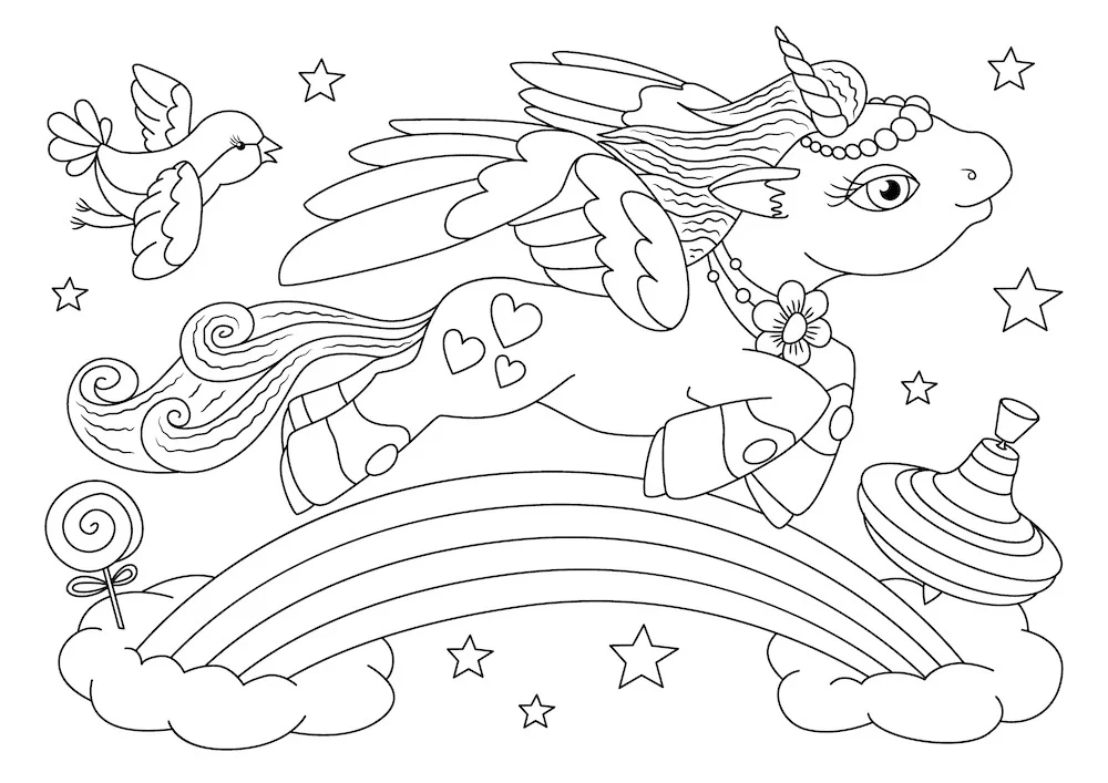 Unicornio volando con un pájaro para colorear
