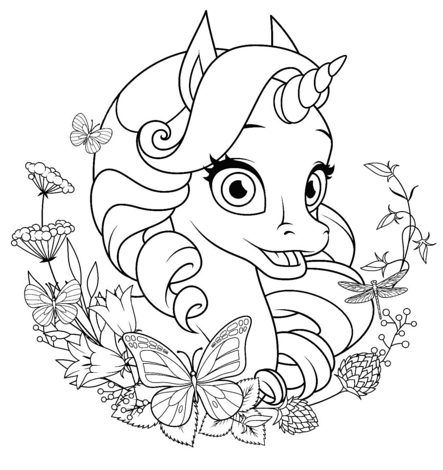 Unicorn and Butterflies Coloring Page