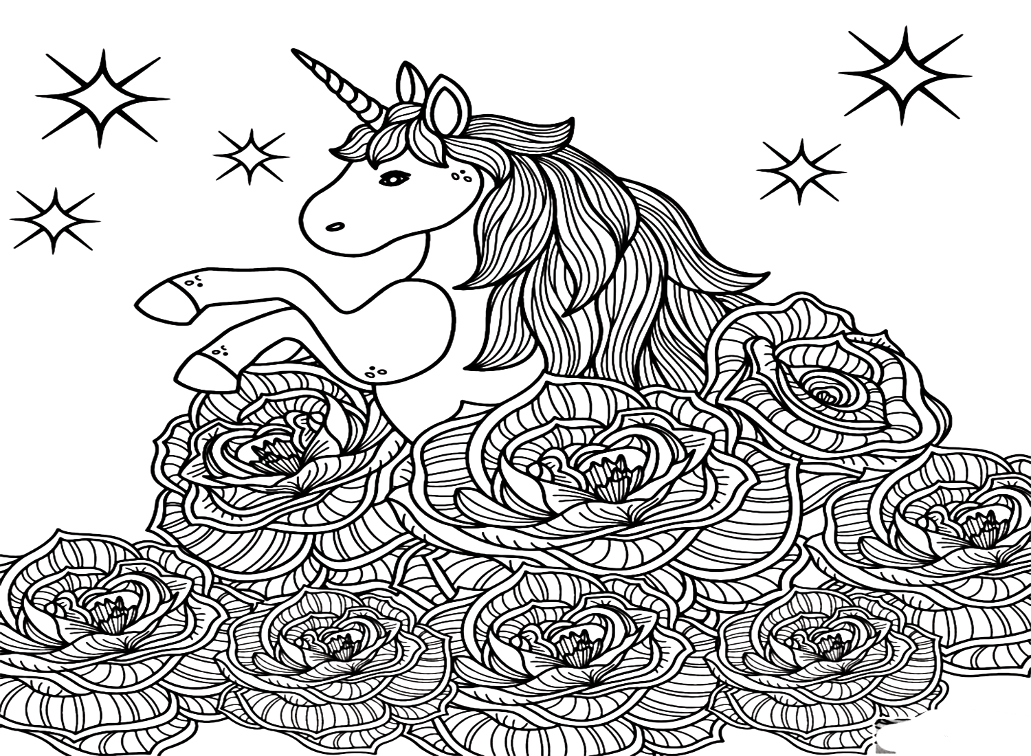 Unicorn On A Throne of Roses Coloring Page