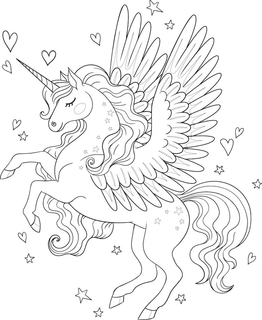 Unicornio con alas extravagantes Página para colorear