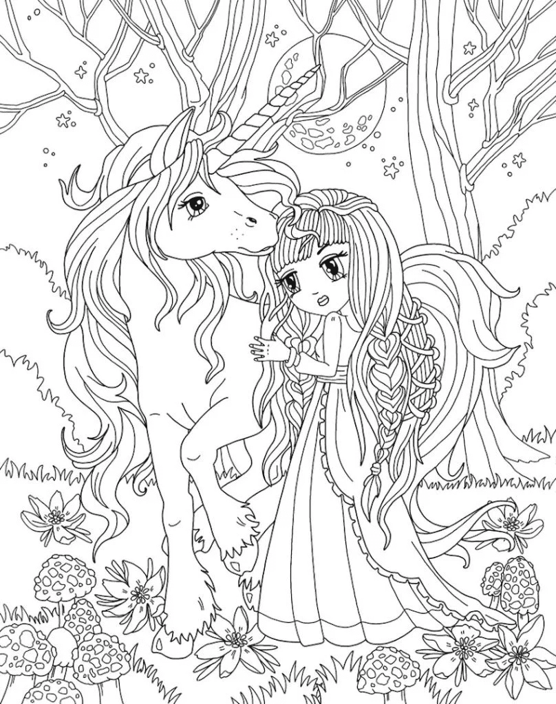 Unicorno con la principessa nella foresta da colorare