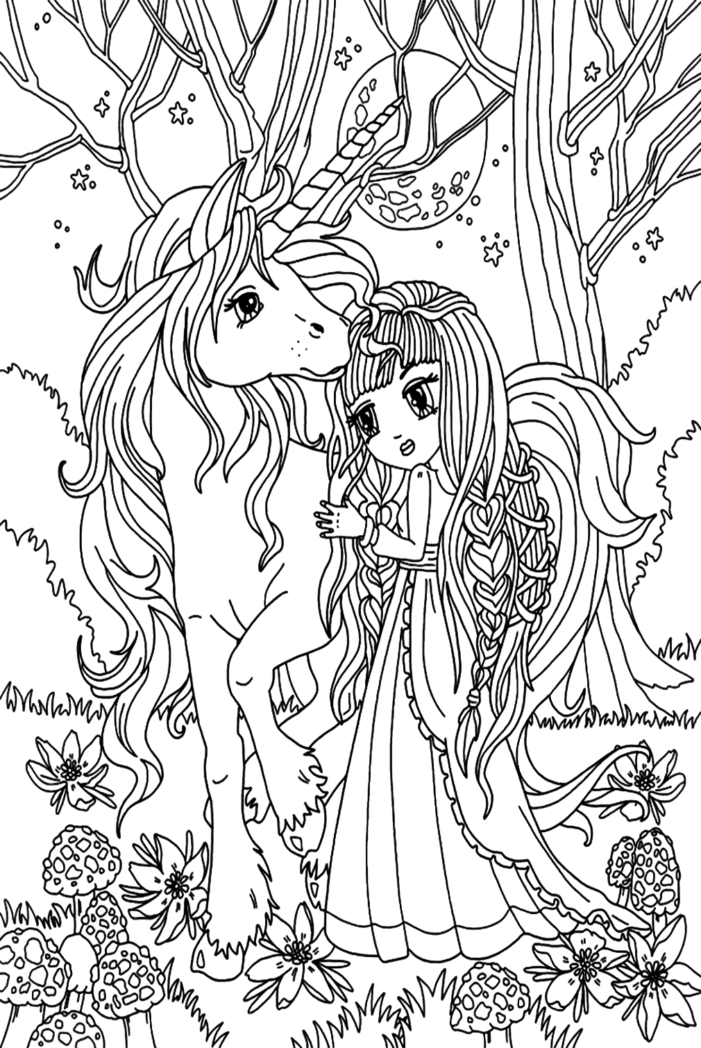 Unicorn With Princess In The Forest Coloring Pages