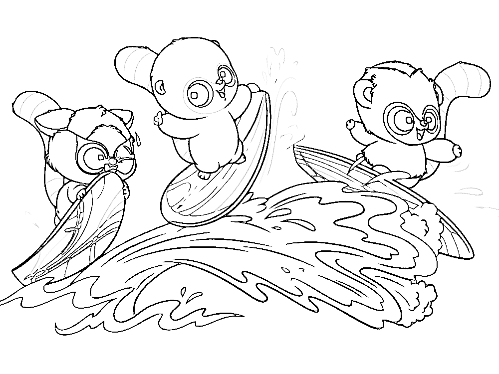 Юху с Чеву и Руди, занимающимися серфингом из сериала «Юху и друзья»