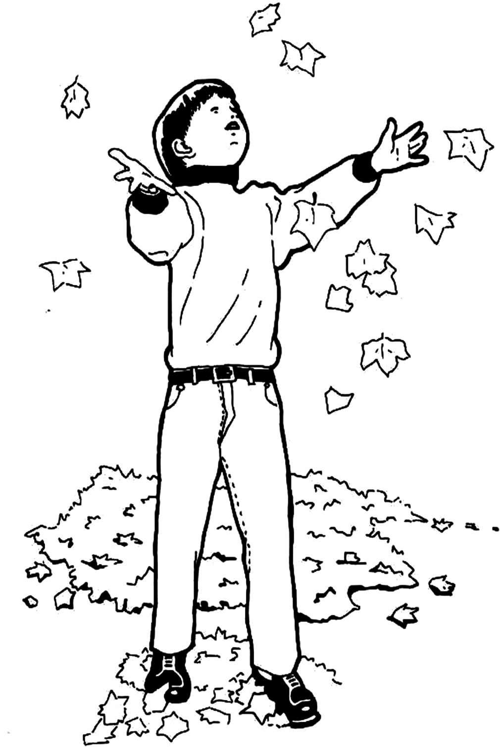 A boy Playing With Falling Leaves In The Fall Coloring Pages