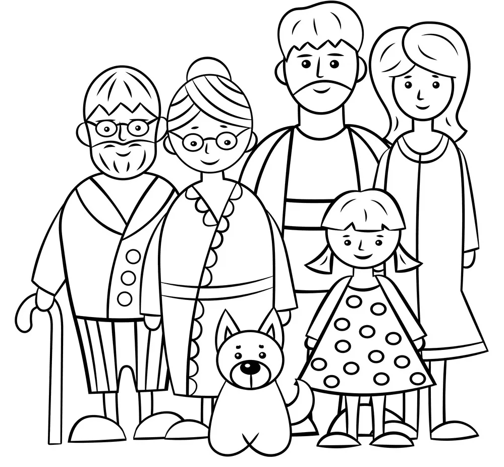 A Family Five and Dog Coloring Page