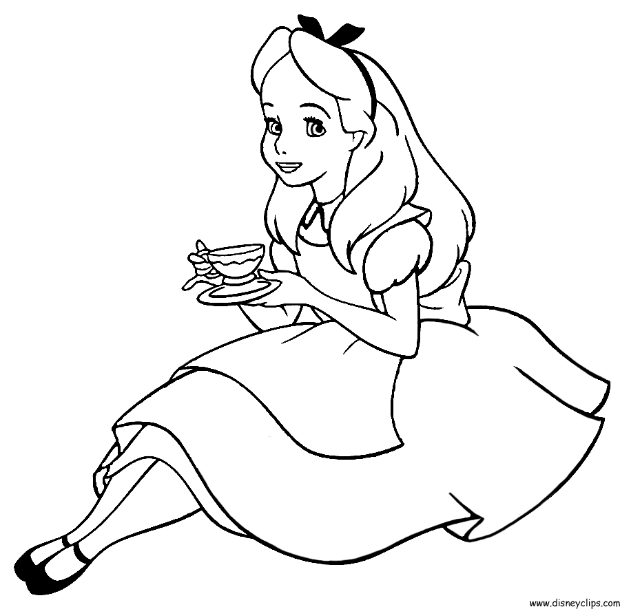 Dibujo para colorear de Alicia sentada con una taza de té