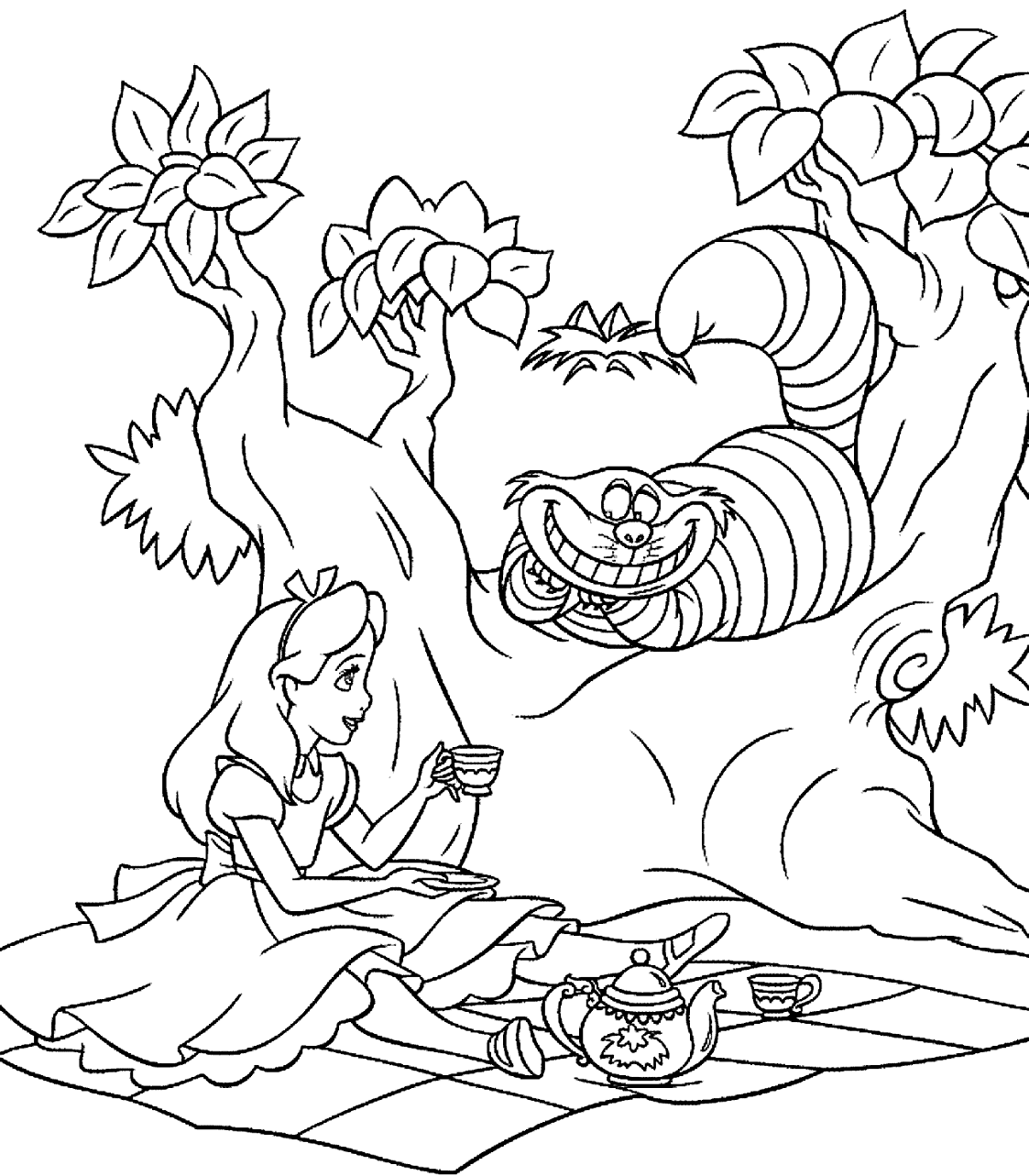 Alice and Cheshire Cat Coloring Page