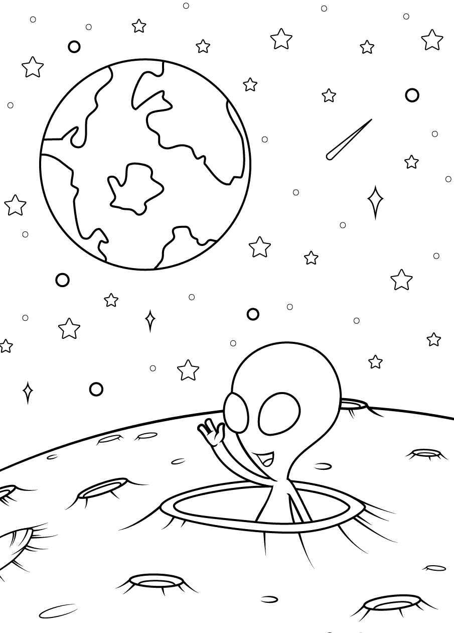 Alien is Waving Hello Coloring Page