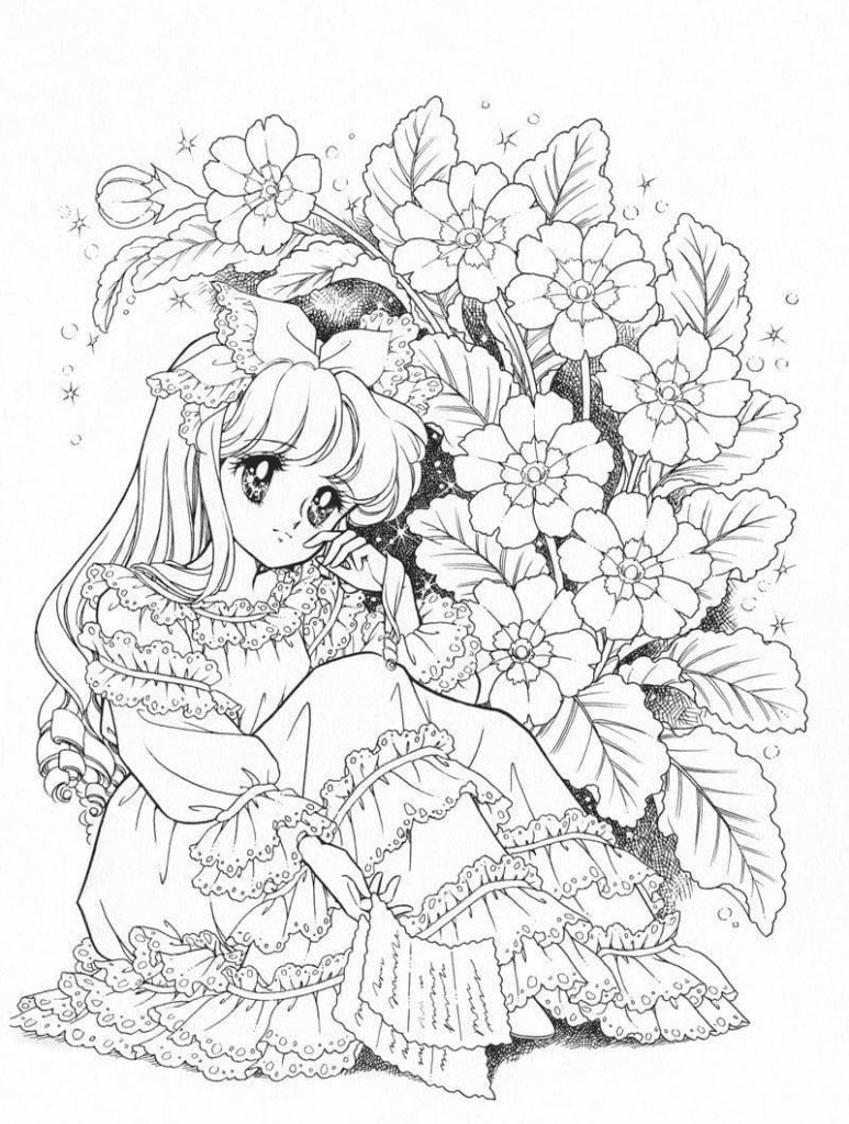 Anime girl and flowers Coloring Pages   Anime Coloring Pages ...