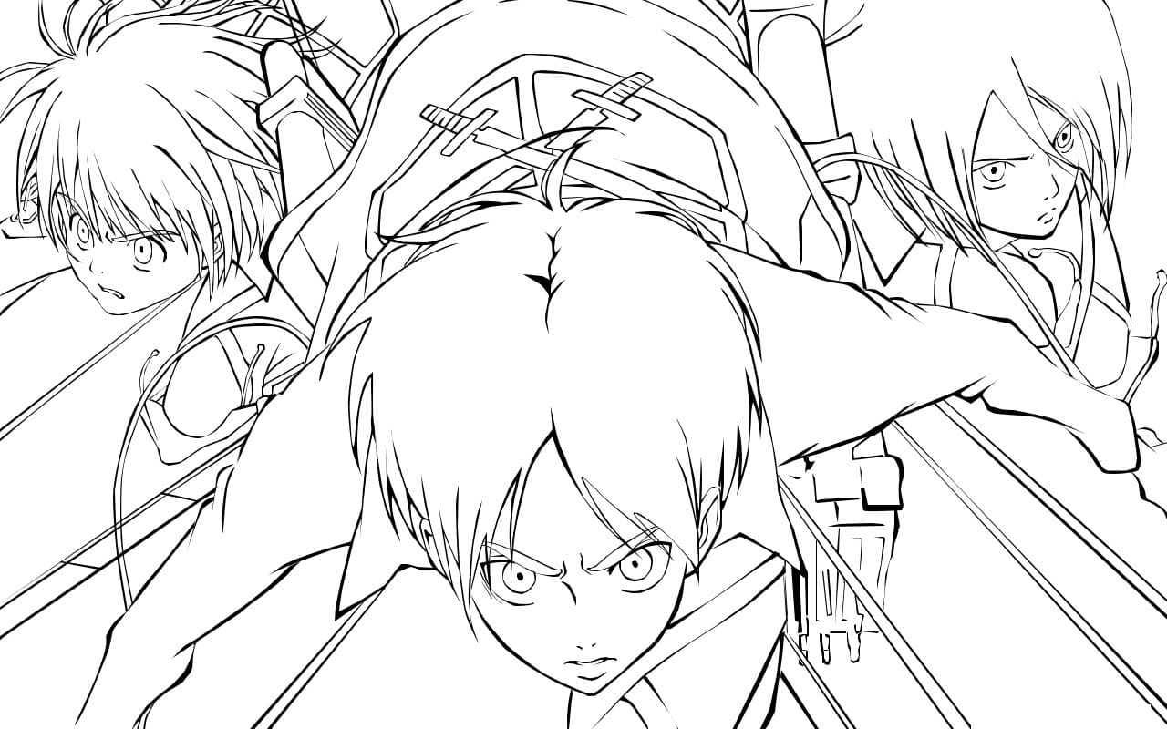 Armin, Eren and Mikasa Coloring Page