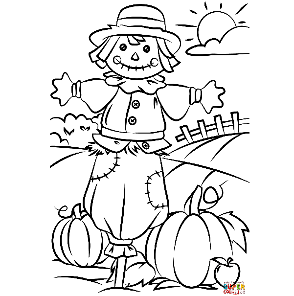 Autumn Scene with Scarecrow Coloring Pages