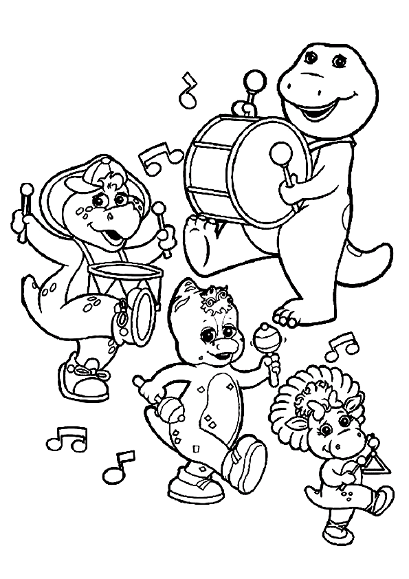 Barney, Baby Pop, Bj and Riff Coloring Page