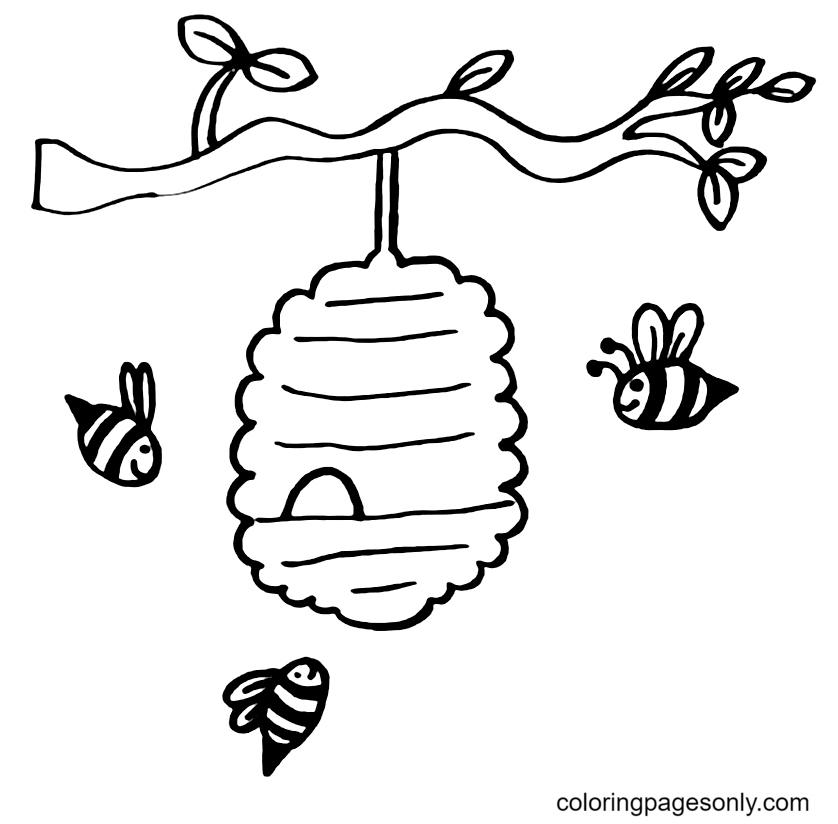 Bees and Bee Hive Coloring Page