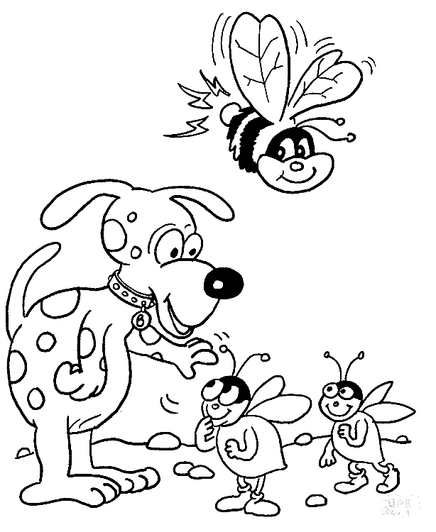 Bees and Dog Coloring Page