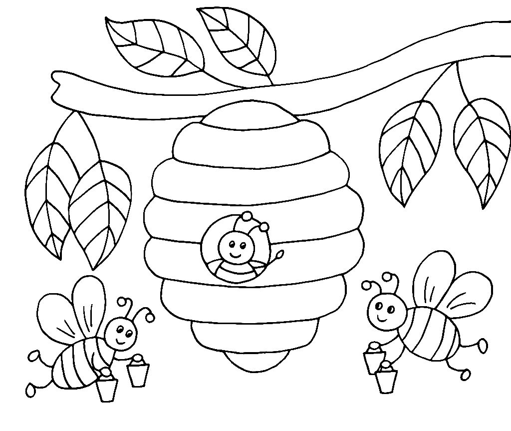 Bijen met bijenkorf op boom Kleurplaat