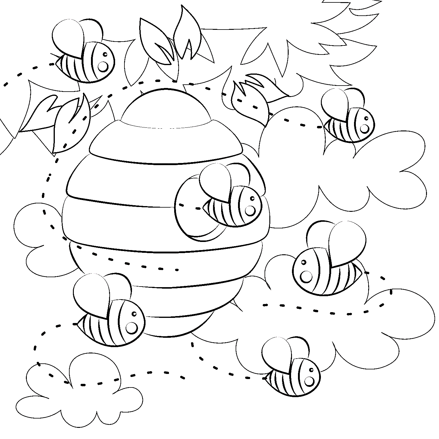 Bees with Beehive Coloring Page
