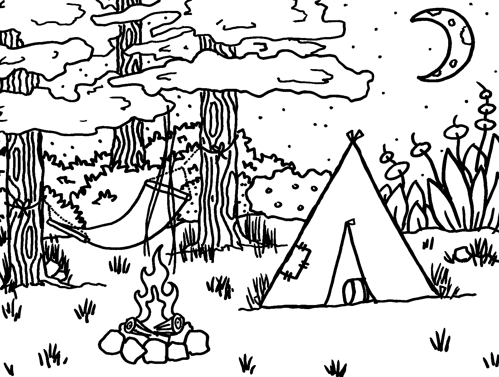 Página para colorir Camping Moon Fire