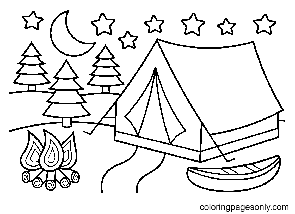 Página para colorir de barraca de acampamento
