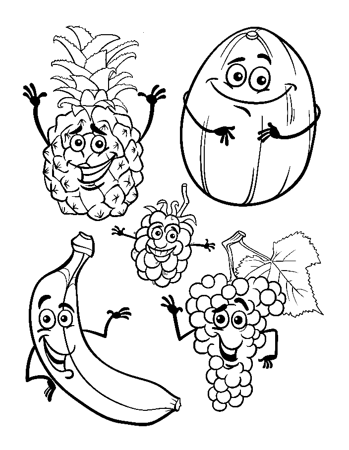 Cartoon Fruits Set Coloring Pages