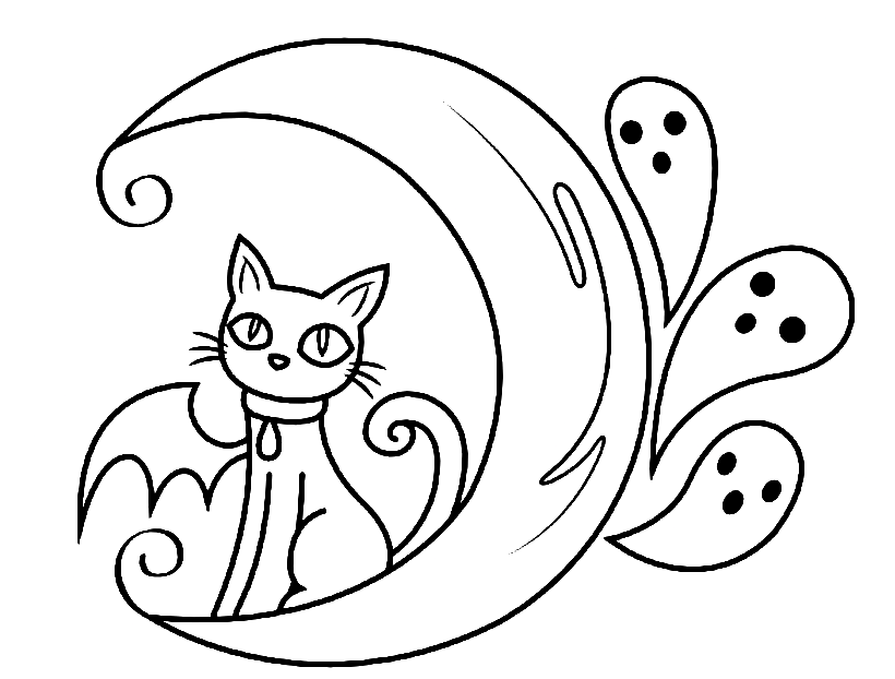 Cat Ghosts and Moon Coloring Pages