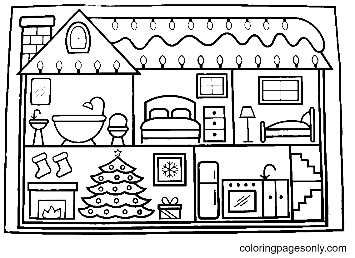 Раскраска Рождественский домик с украшениями