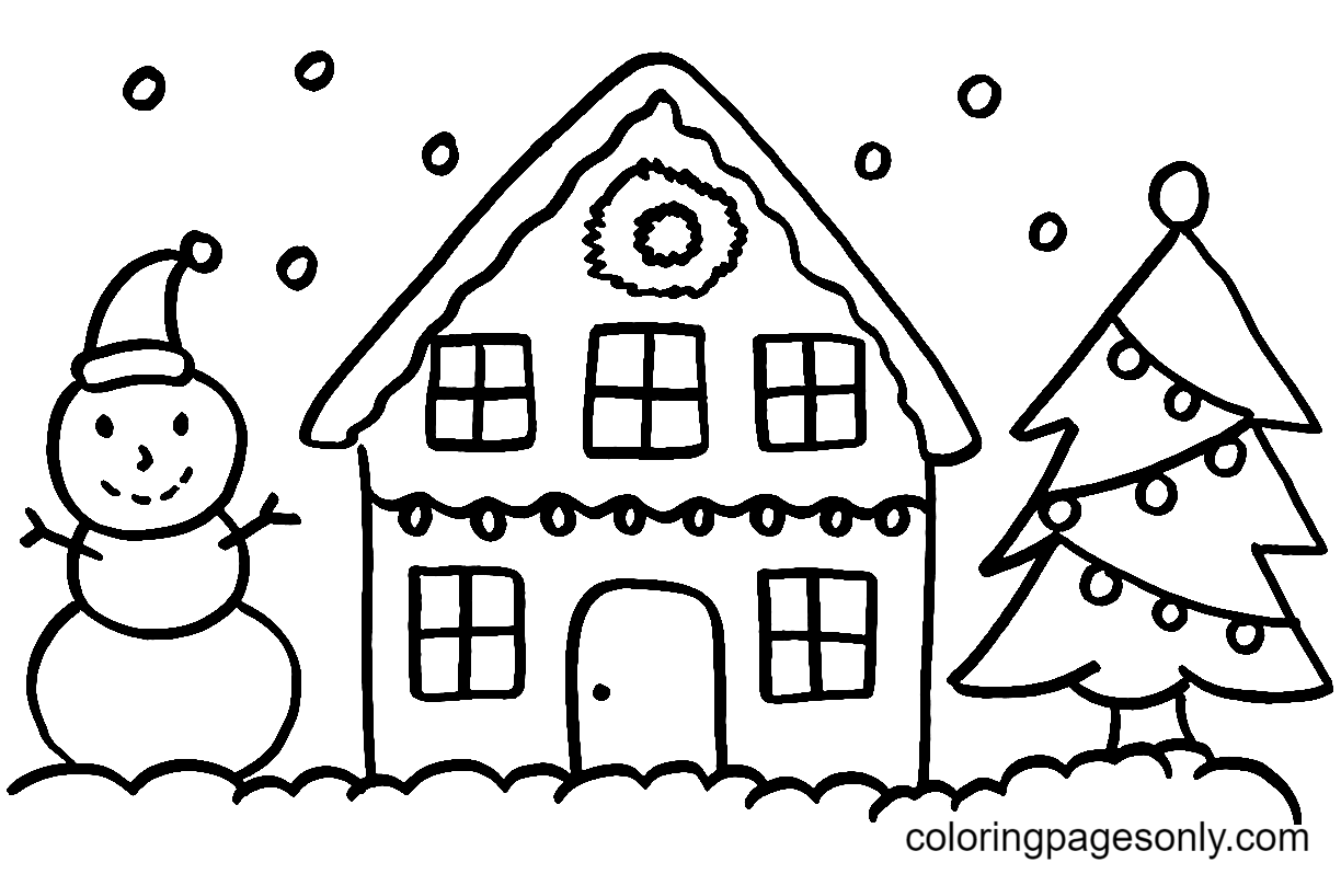 Casa de Natal com árvore e boneco de neve para colorir