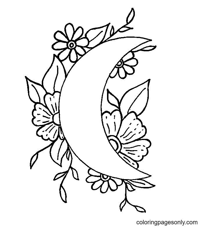 هلال القمر مع صفحة تلوين الزهور