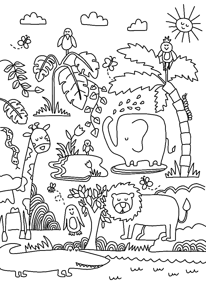 Cute Animals Jungle Coloring Pages
