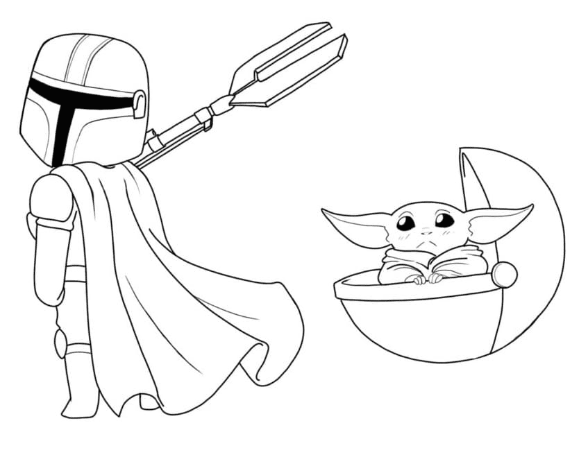 Cute Baby Yoda with Mandalorian Coloring Page