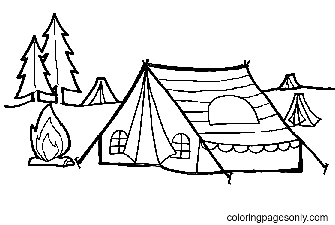 Página para colorir de barraca de acampamento bonito para crianças