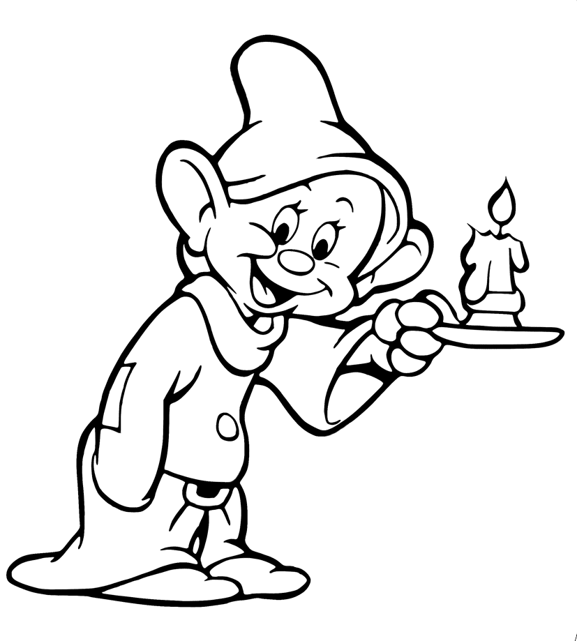 Dopey tiene in mano una candela accesa di Seven Dwarfs