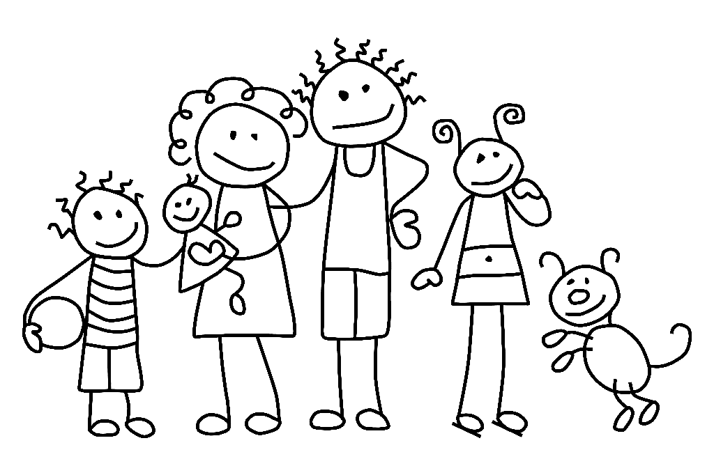 Family and Pet Dog Coloring Page