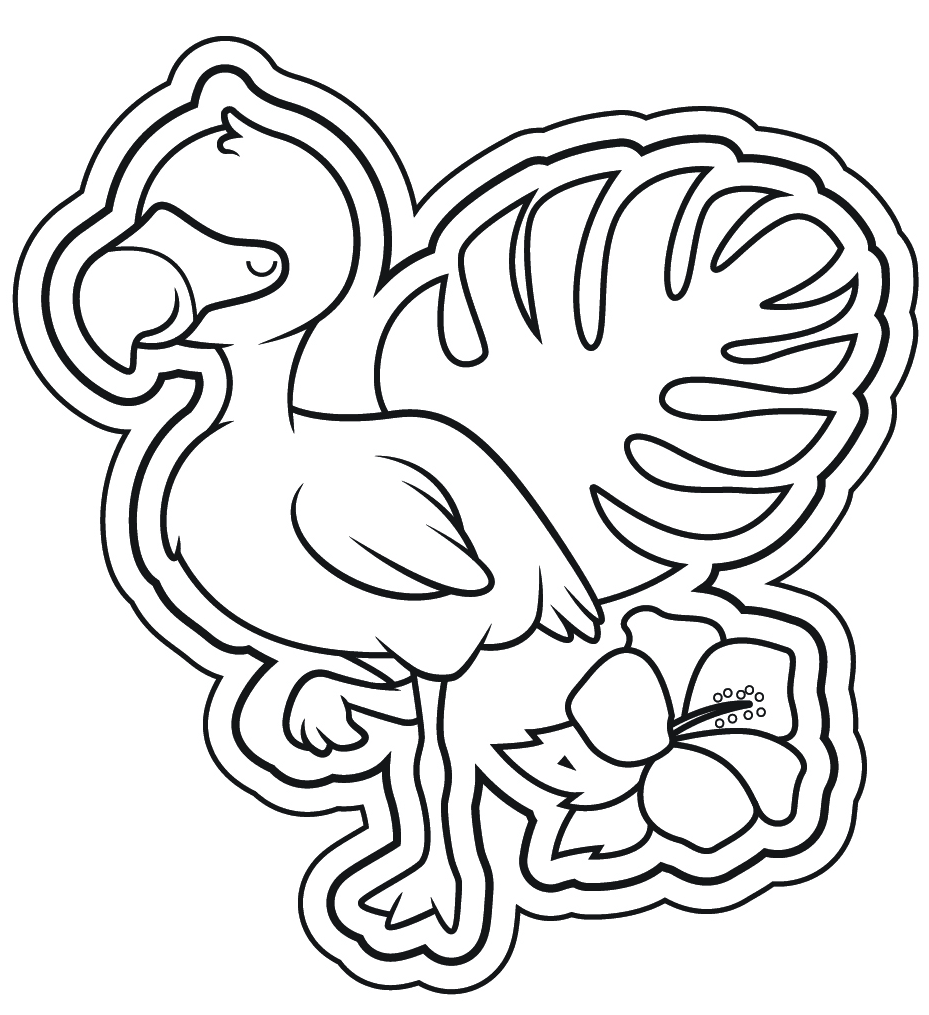 Flamingo with Leaf and Hibiscus Flower Coloring Page